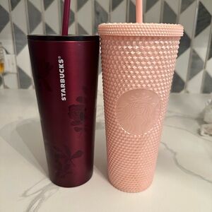 Starbucks Textured Pink and Floral Burgundy Tumblers
